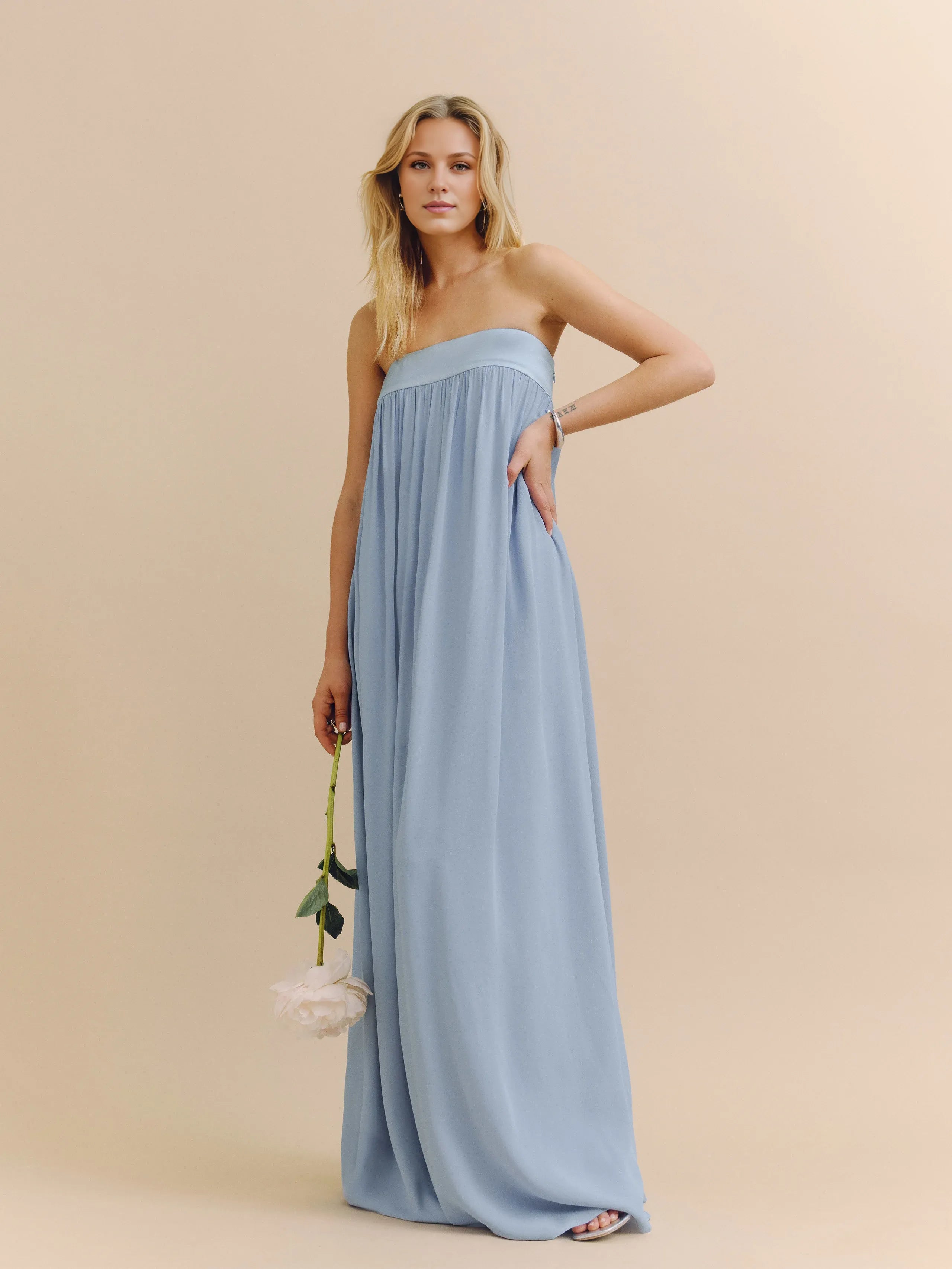 Robe Weitese simple, sans bretelles, sans manches, coupe trapèze, robe de bal, robe longue, robe de soirée plissée, dos nu